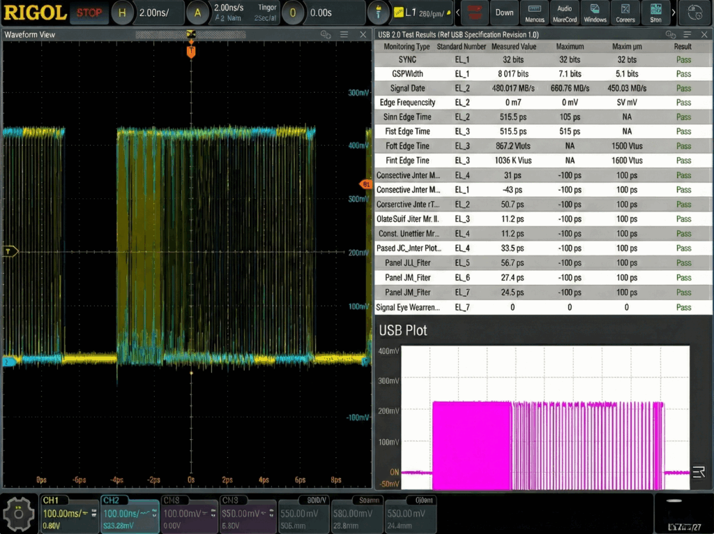 USB 2.0 Test, Signal Integrity, Eye Diagram, Oscilloscope Compliance, Rigol DS70000, 아이 다이어그램 측정, USB 신호 품질, 리골, 리골코리아, 웨이브인센스
