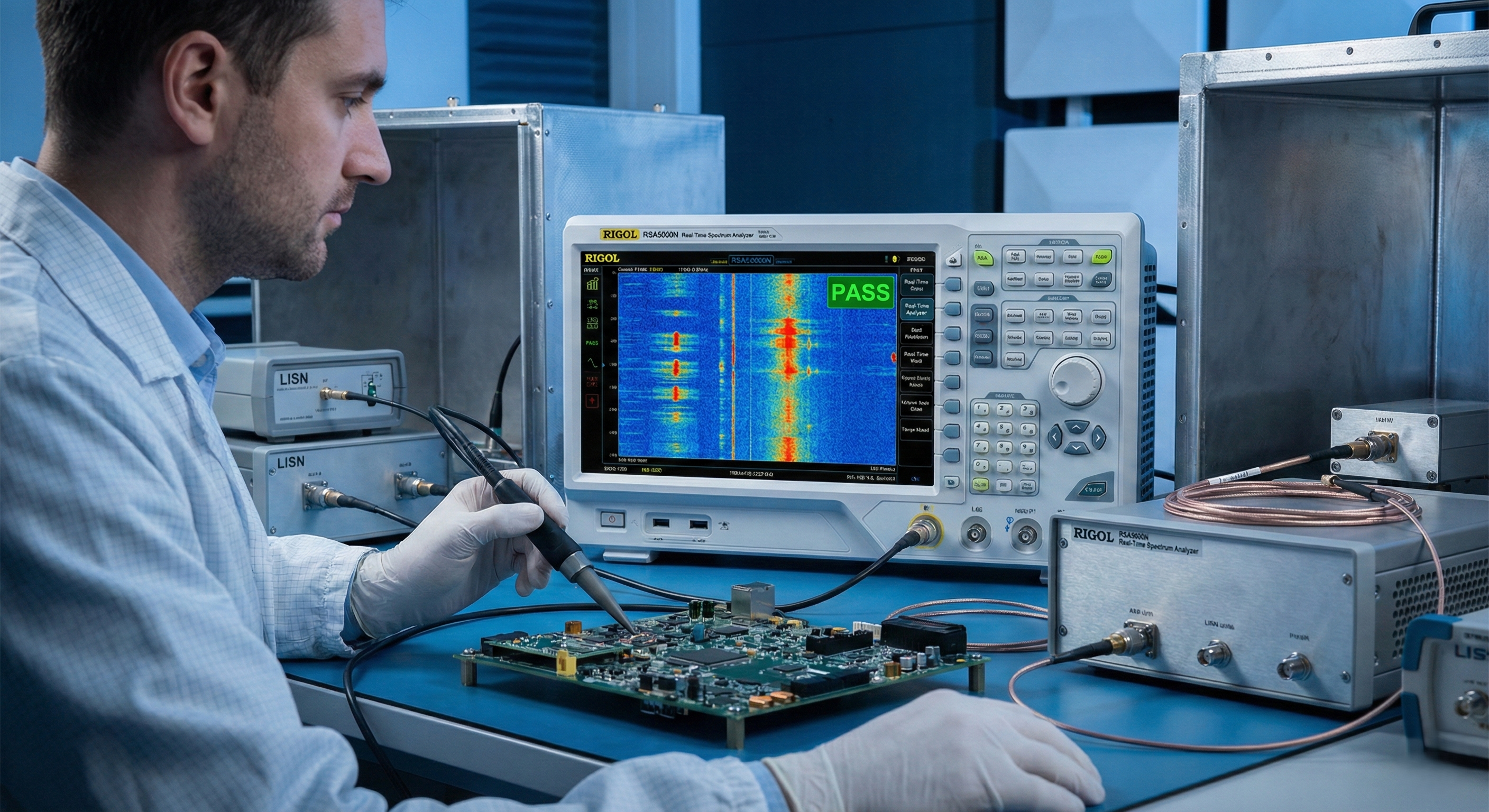 EMI 사전 적합성(Pre-compliance), RIGOL RSA5000N, 실시간 스펙트럼 분석기(RTSA), 전도성 방출(CE), 방사성 방출(RE), LISN, NFP-3 근거리장 프로브